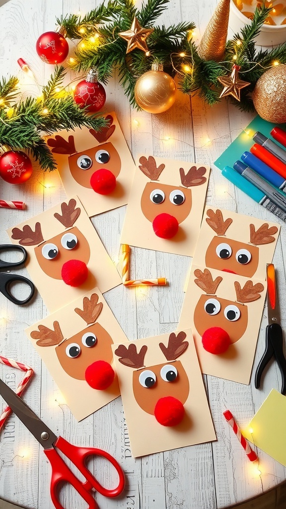 Reindeer Christmas Card Craft Handmade reindeer Christmas cards on a crafting table with festive decorations.